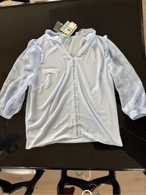 CeCe Light Blue Sheer Sleeve Button-Front Blouse